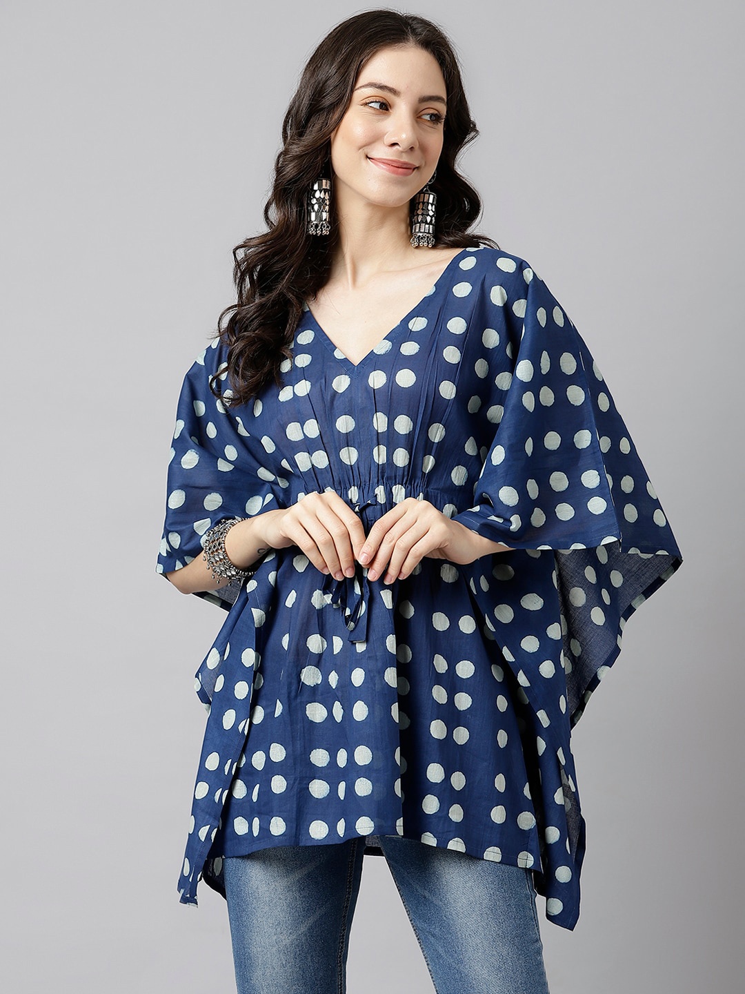 

DECKEDUP Women Blue Print Kaftan Cotton Longline Top
