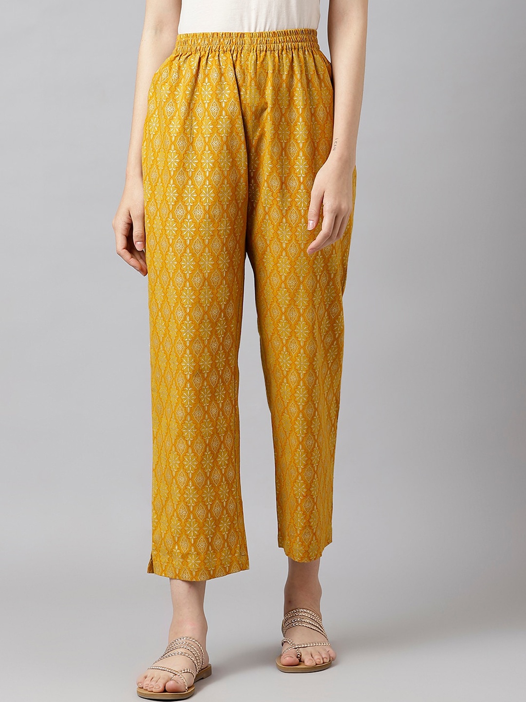 

DECKEDUP Women Mustard Yellow Ethnic Motifs Relaxed Straight Leg Straight Fit Trousers