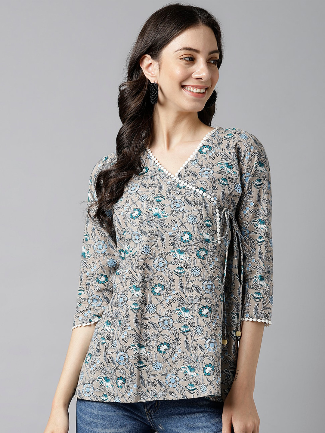 

DECKEDUP Women Grey Print Cotton Wrap Top