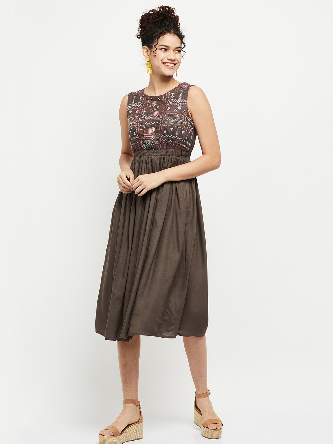 

max Charcoal Ethnic Motifs Midi Dress