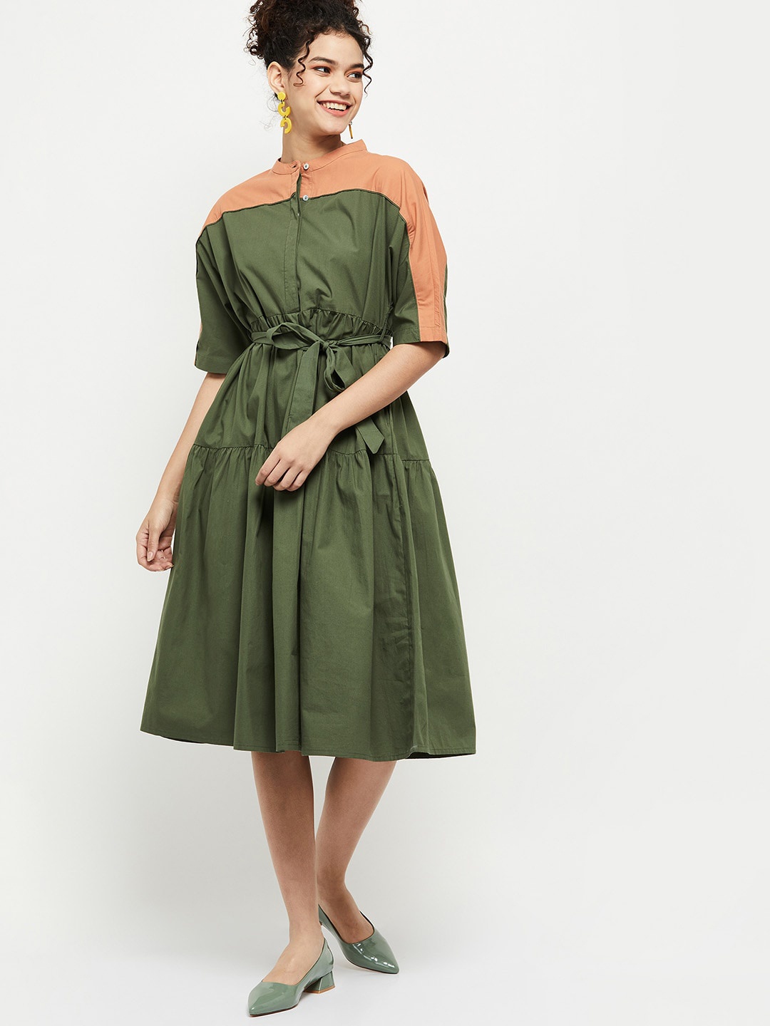 

max Green & Orange Colourblocked Pure Cotton Dress