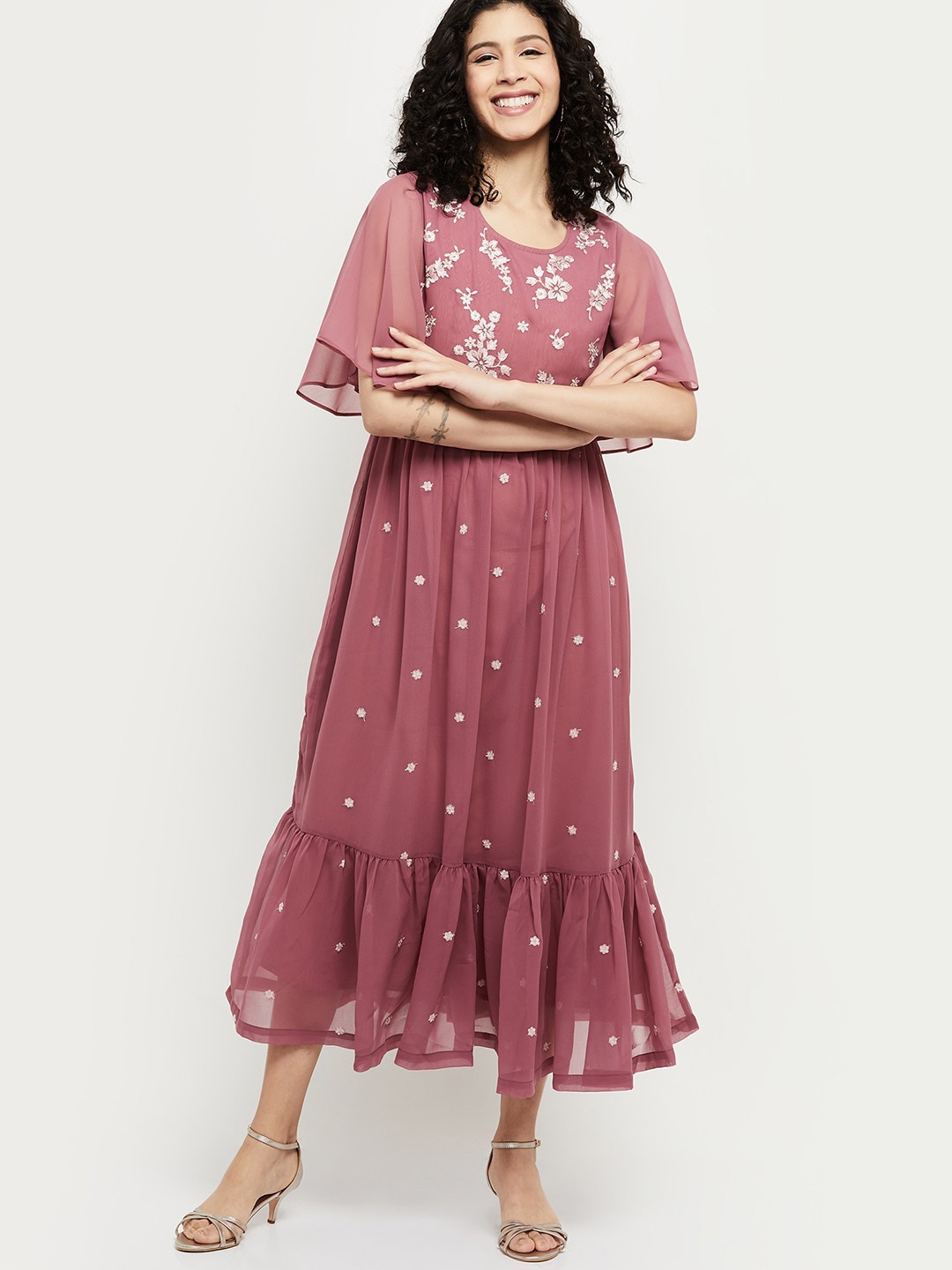 

max Mauve & White Floral Embroidered A-Line Midi Dress
