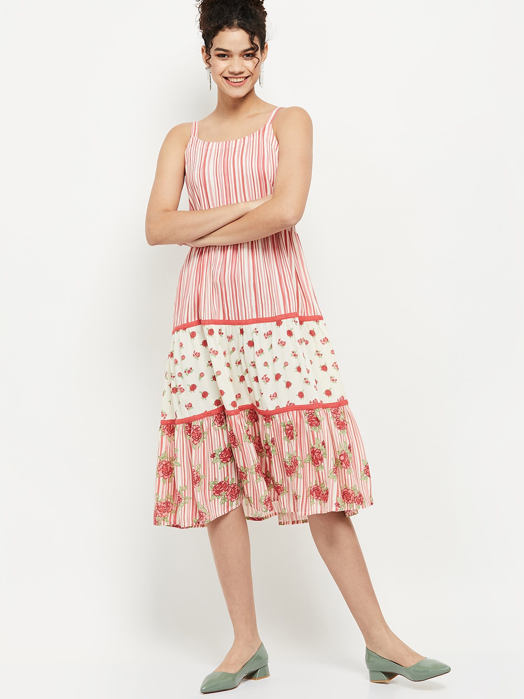 

max Women Nude-Coloured & Red Floral Printed A-Line Dress
