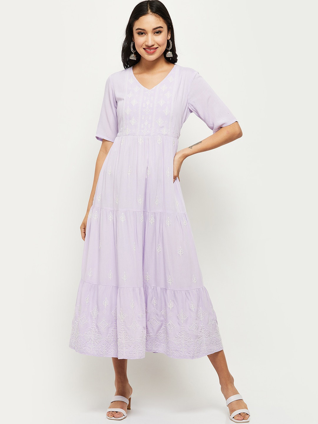 

max Women Purple Ethnic Motifs Embroidered Tiered Midi Dress