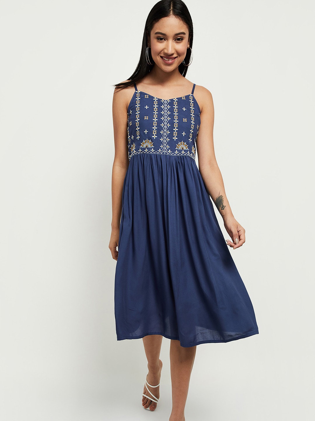 

max Blue Floral Embroidered Ethnic Midi Dress