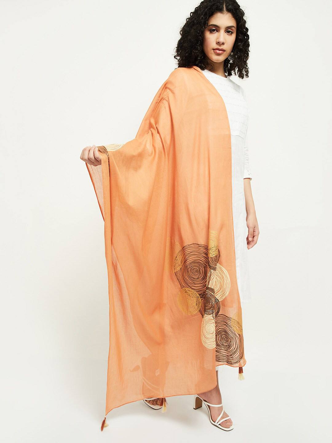 

max Peach-Coloured & Brown Printed Cotton Dupatta