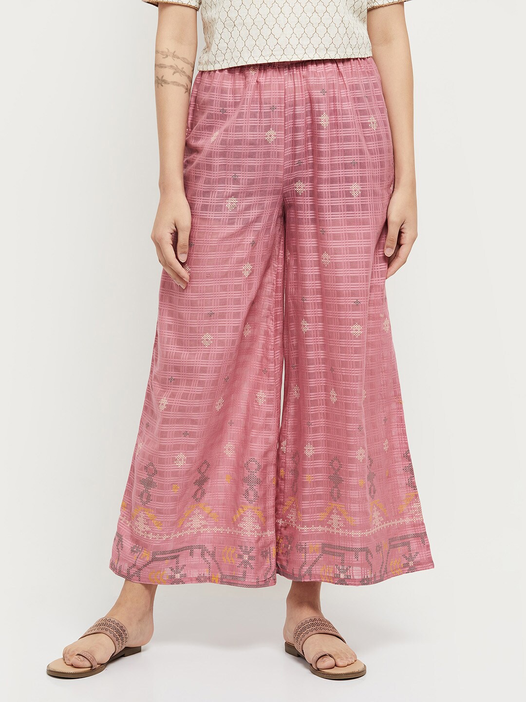 

max Women Pink & Golden Checked Ethnic Cotton Palazzos