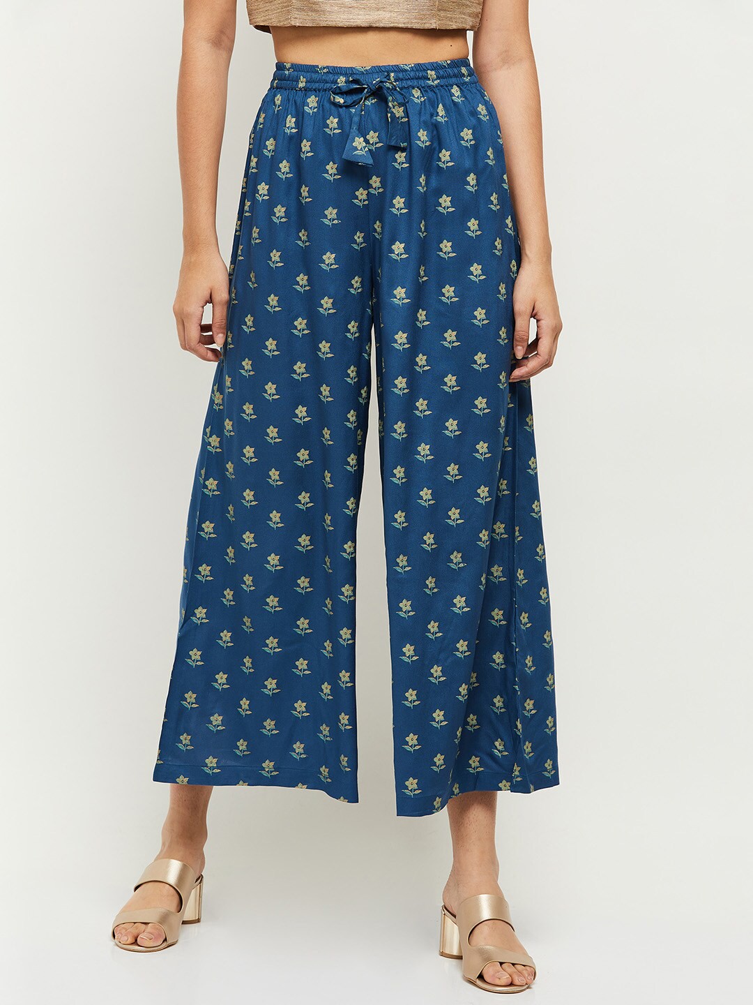 

max Women Navy Blue & Green Floral Printed Knitted Palazzos