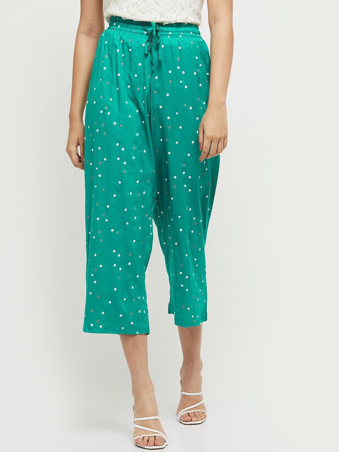 

max Women Blue & White Printed Knitted Cropped Palazzos