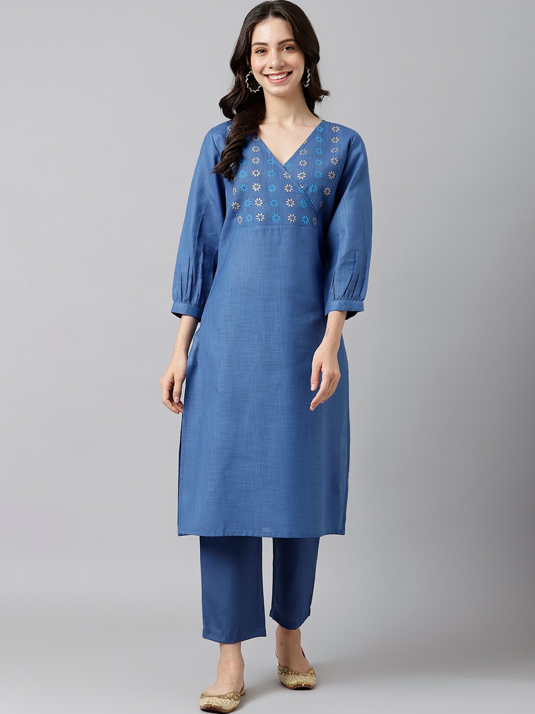 

DECKEDUP Women Blue Floral Printed Kurta