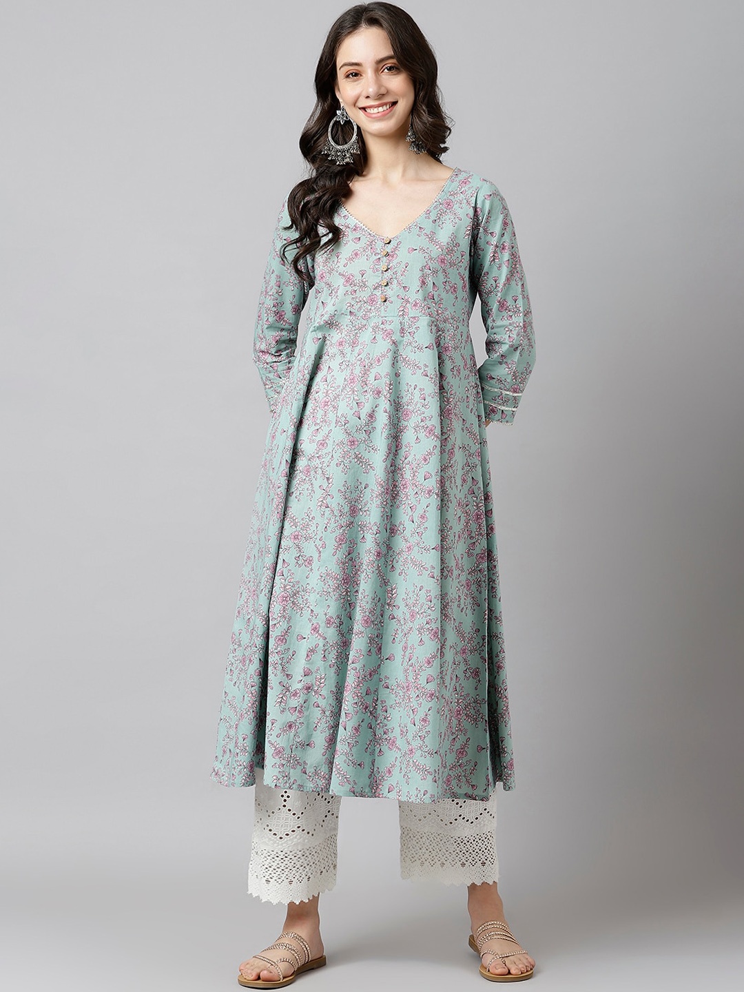 

DECKEDUP Women Turquoise Blue & Pink Cotton Kurta