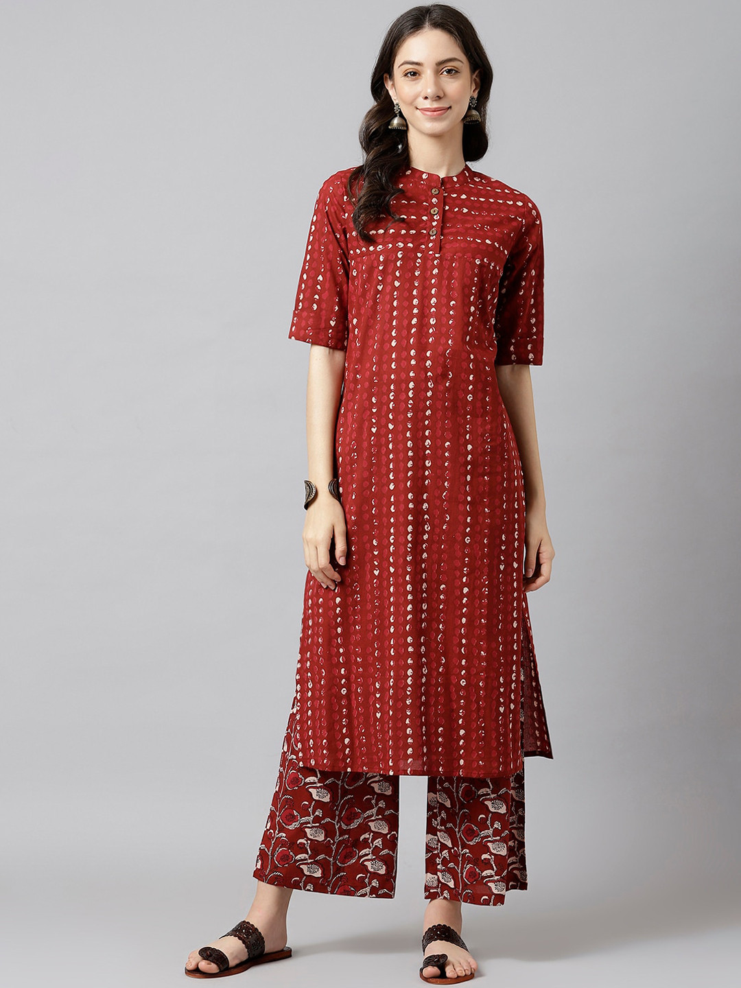 

DECKEDUP Women Maroon Striped Panelled Pure Cotton Kurti with Palazzos