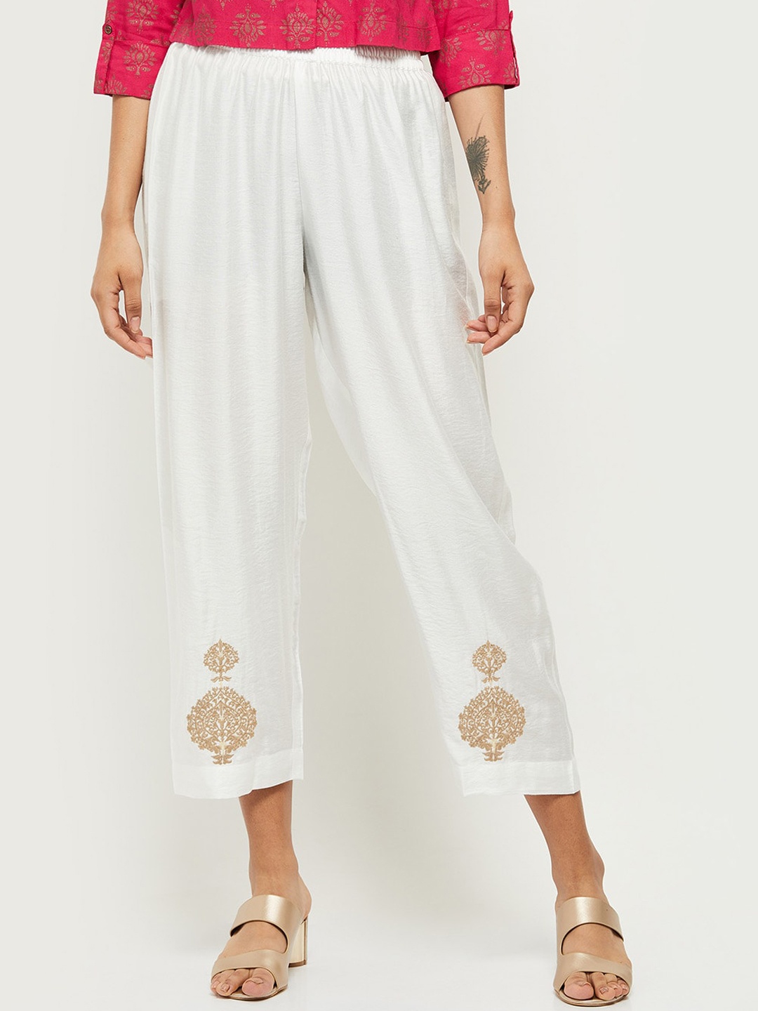 

max Women Off White Floral Embroidered Trousers
