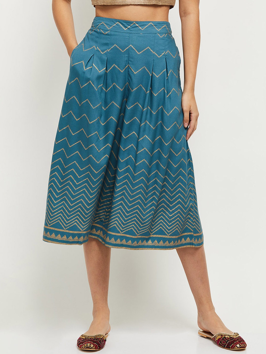 

max Women Blue Printed Pleated Culottes Trousers