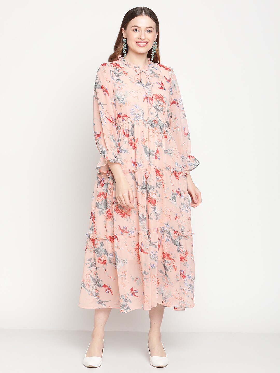 

COASTLAND Women Peach-Coloured Floral Tie-Up Neck A-Line Midi Dress