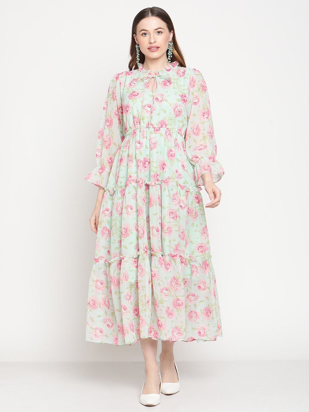 

COASTLAND Women Multicoloured Floral Tie-Up Neck Georgette A-Line Midi Dress, Multi
