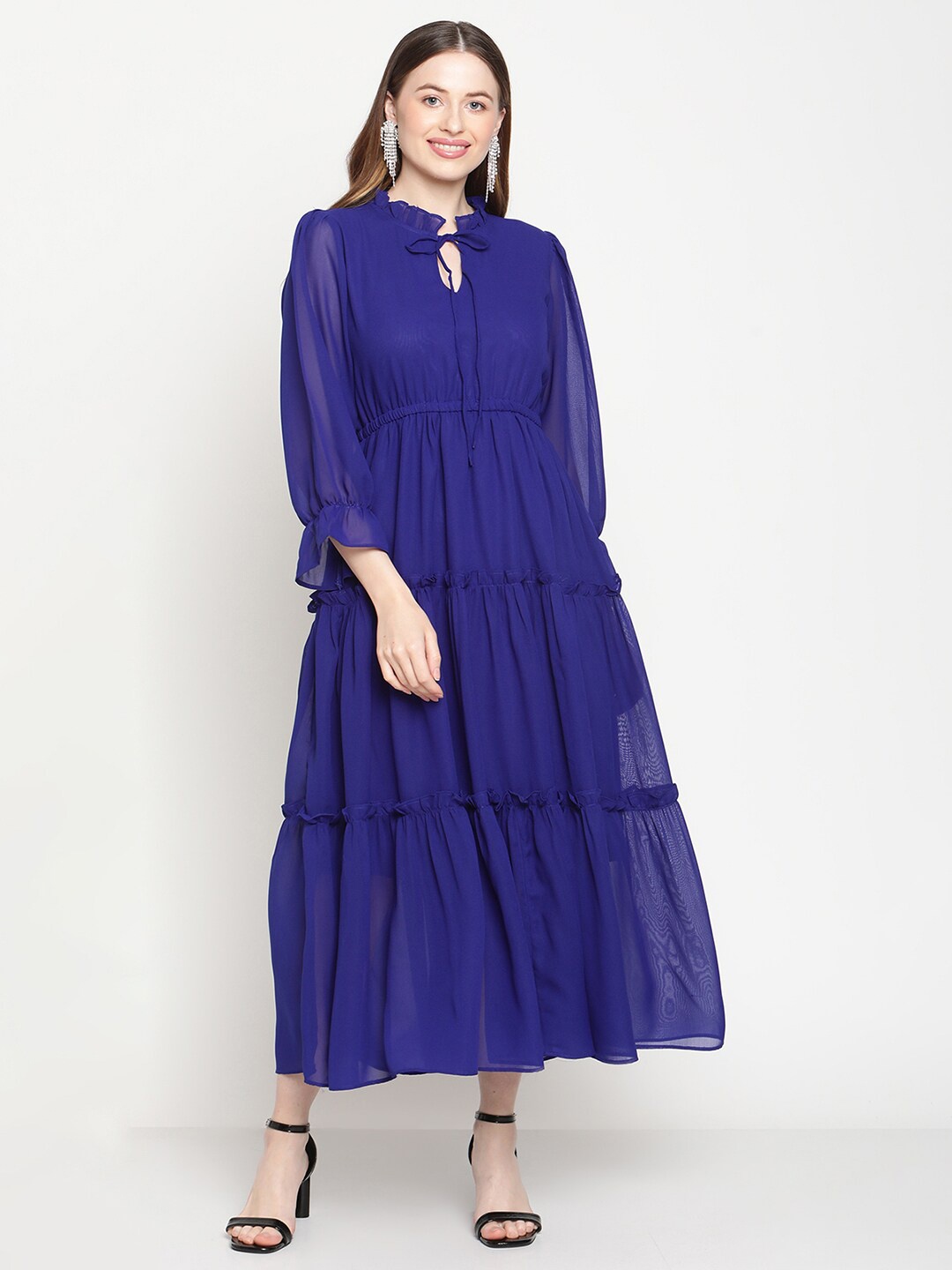 

COASTLAND Women Blue Tie-Up Neck Empire Midi Dress