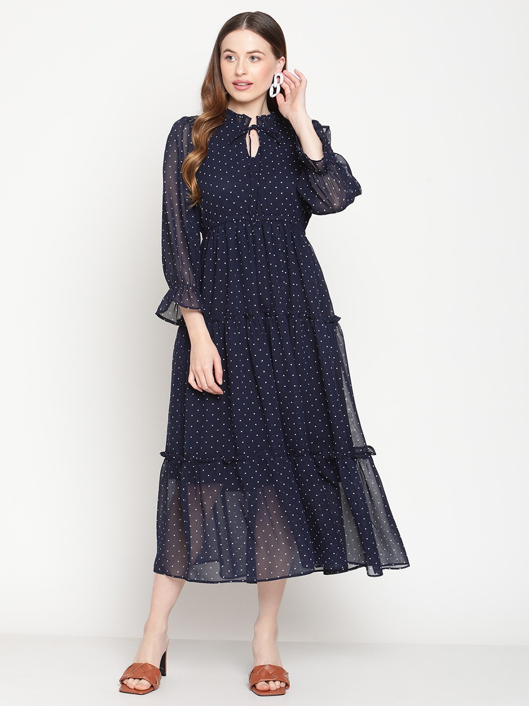 

COASTLAND Women Navy Blue Ethnic Motifs Keyhole Neck Georgette A-Line Midi Dress