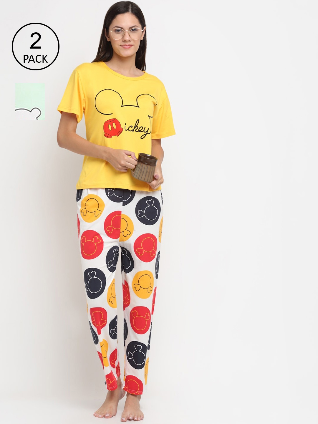 

KLOTTHE Pack of 2 Women Green & Yellow Printed 3 Piece Night Suit