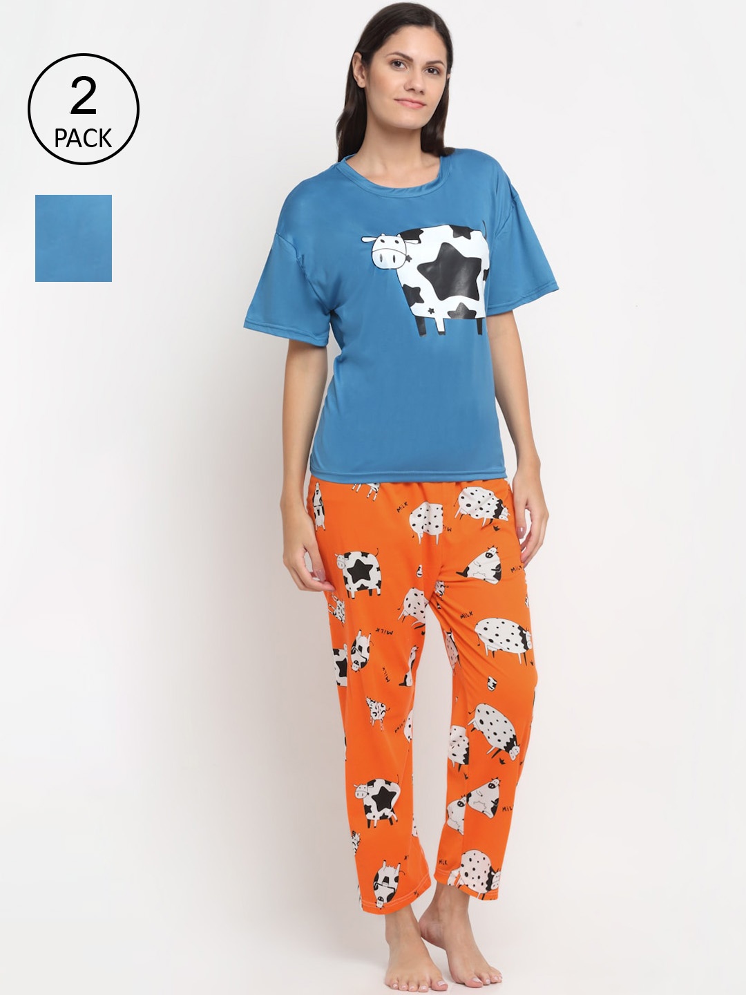 

KLOTTHE Women Blue & Orange Set Of 2 Cartoon Characters Printed 3 Piece Night Suit