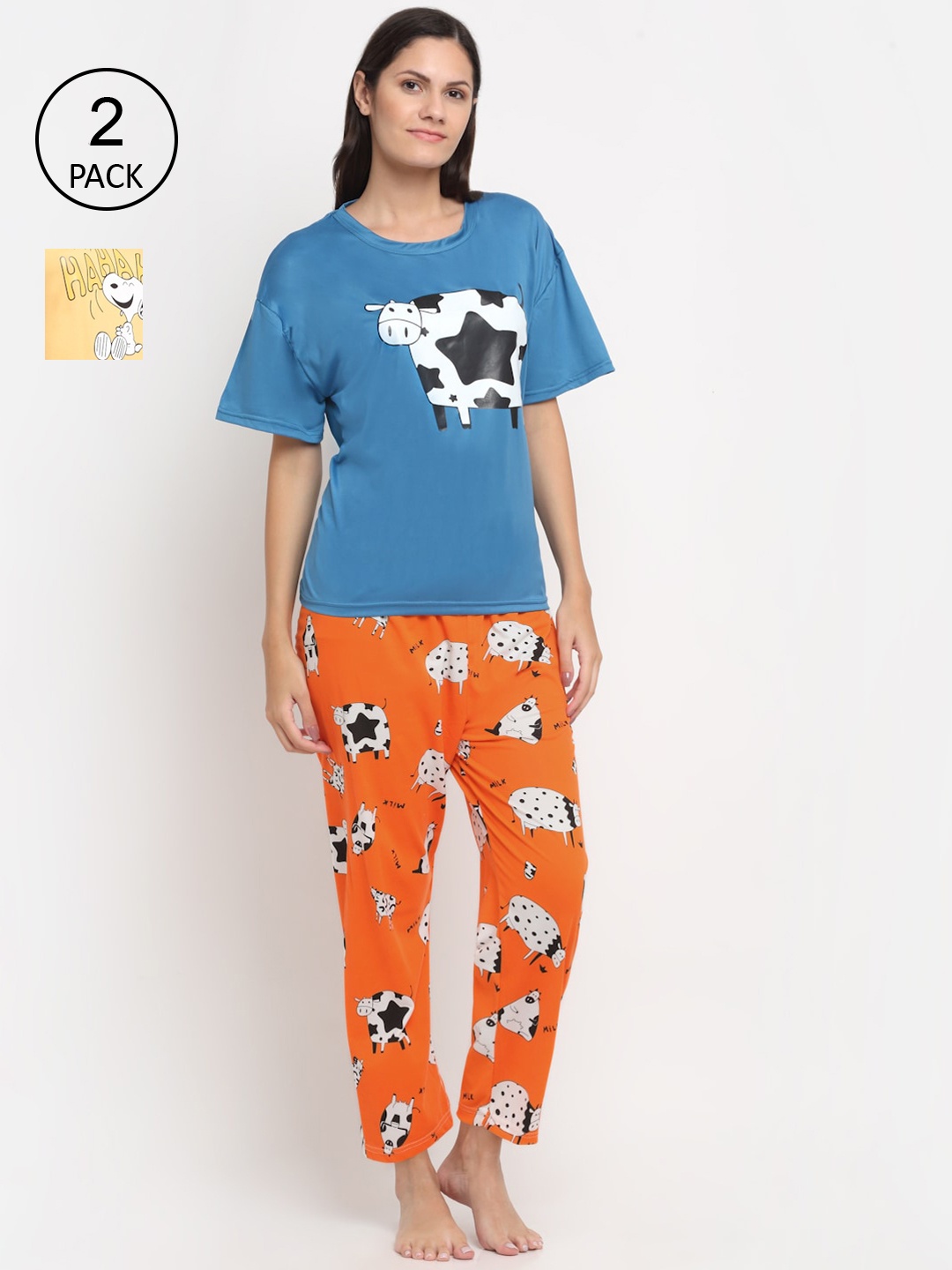 

KLOTTHE Women Pack of 2 Orange & Blue Printed 3 Pc Night suits