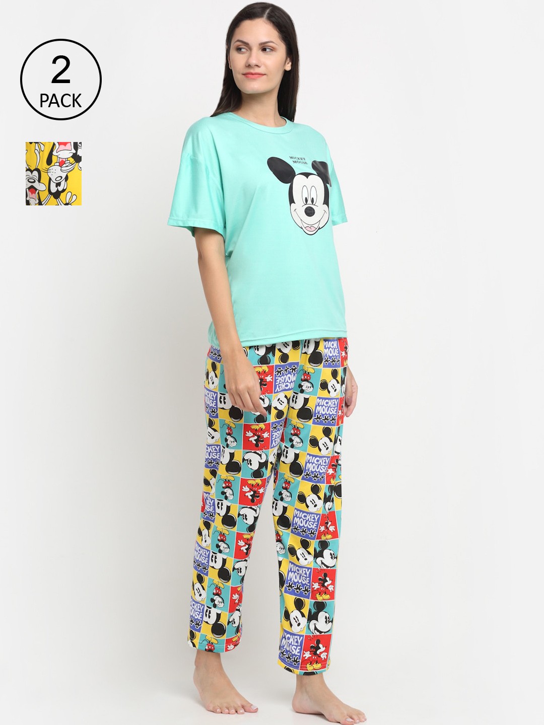 

KLOTTHE Women Multicoloured Set of 2 Cartoon Printed Cotton Blend 3 Piece Night Suit, Multi