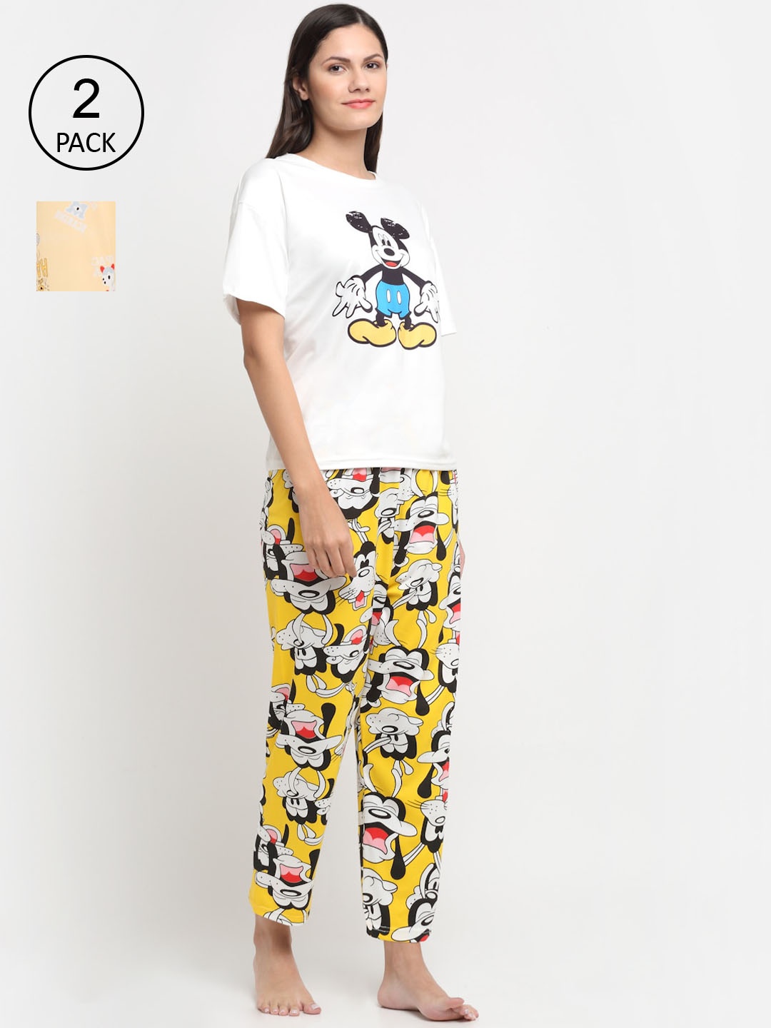

KLOTTHE Women Pack of 2 Cartoon Characters Printed 3 Piece Night Suit, Peach