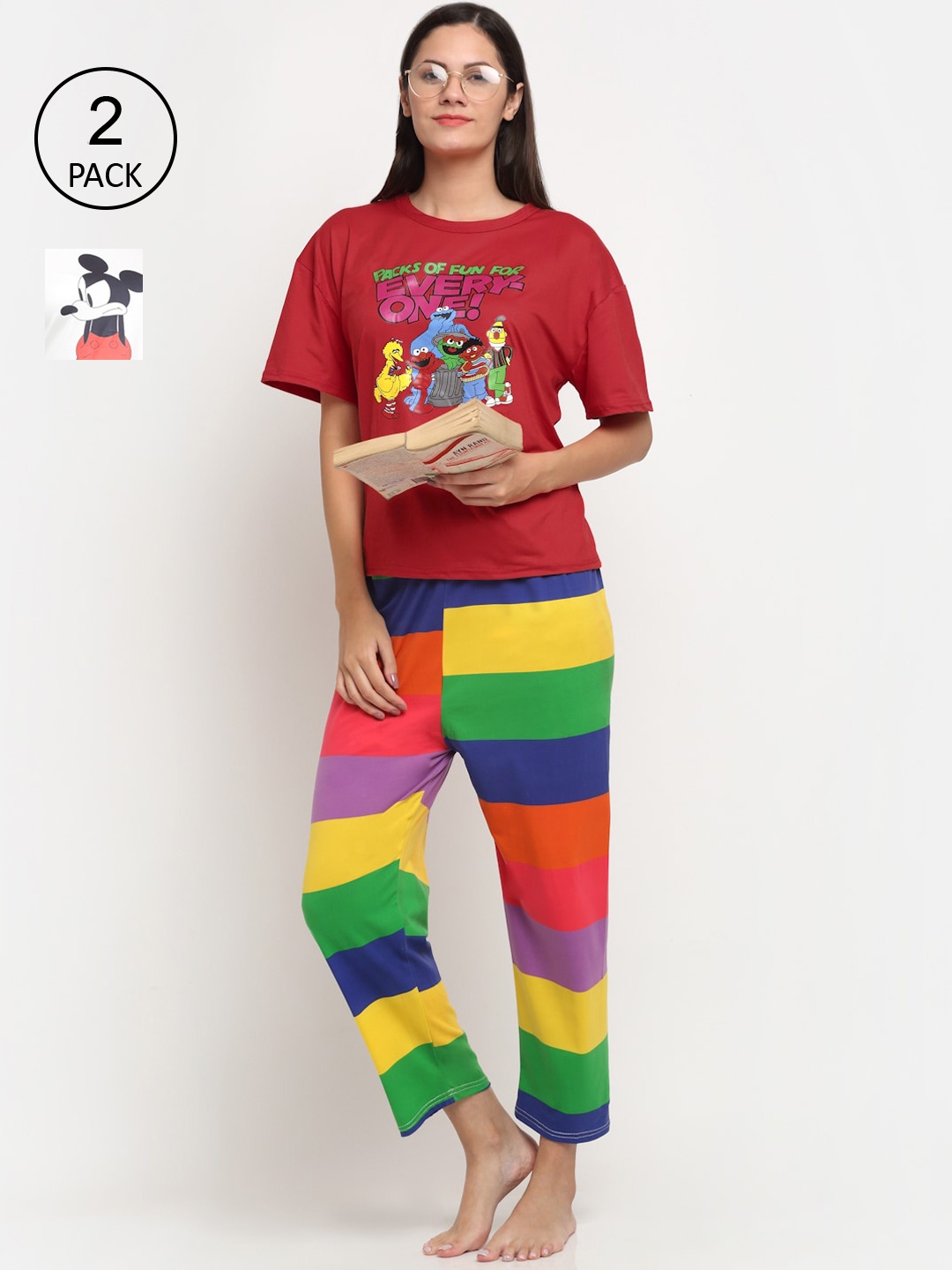 

KLOTTHE White & Red Set Of 2 Cartoon Characters Printed 3 Piece Night Suit Set