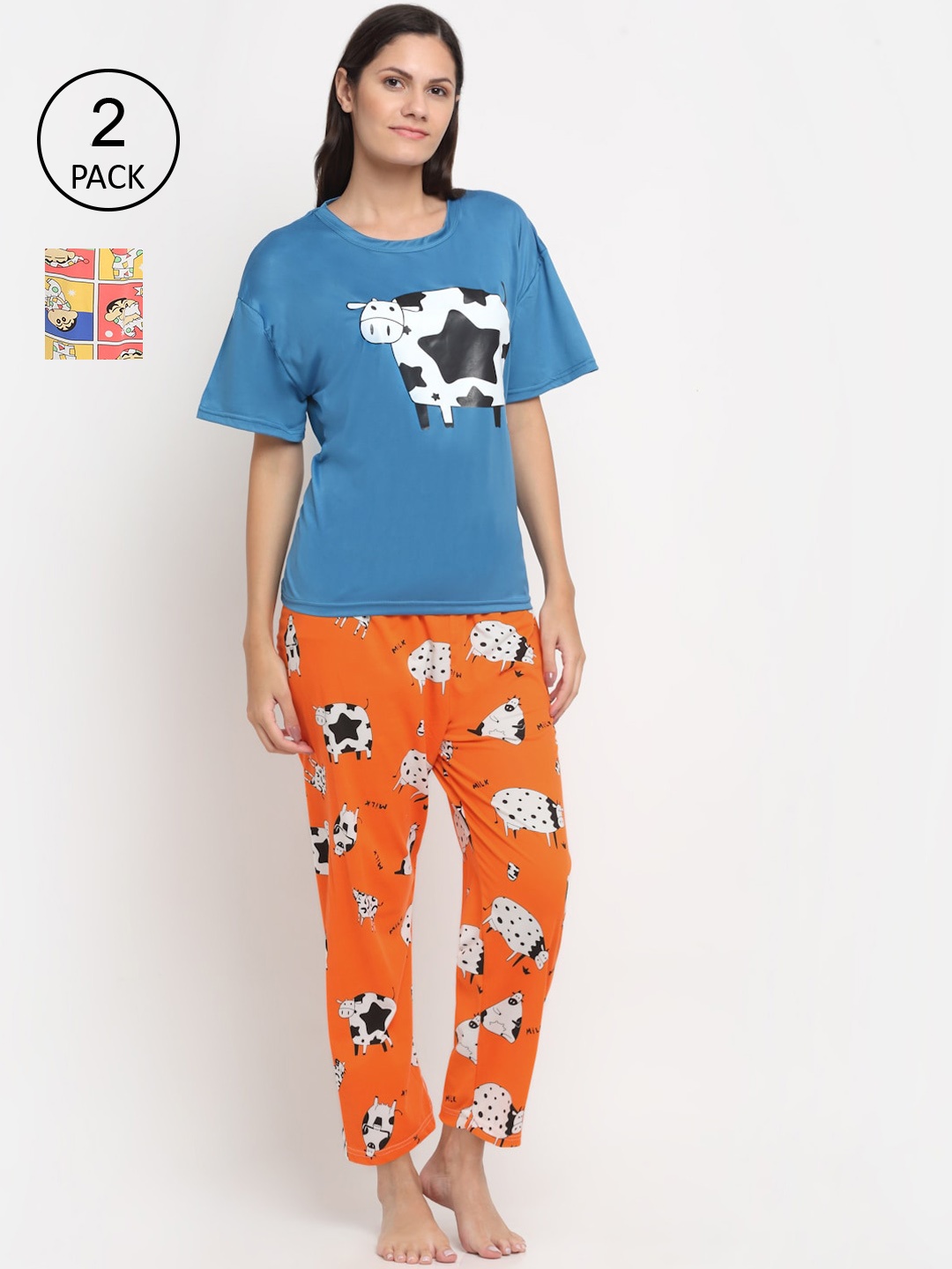

KLOTTHE Women Pack of 2 Blue & Orange Printed 3 Pc Night suit
