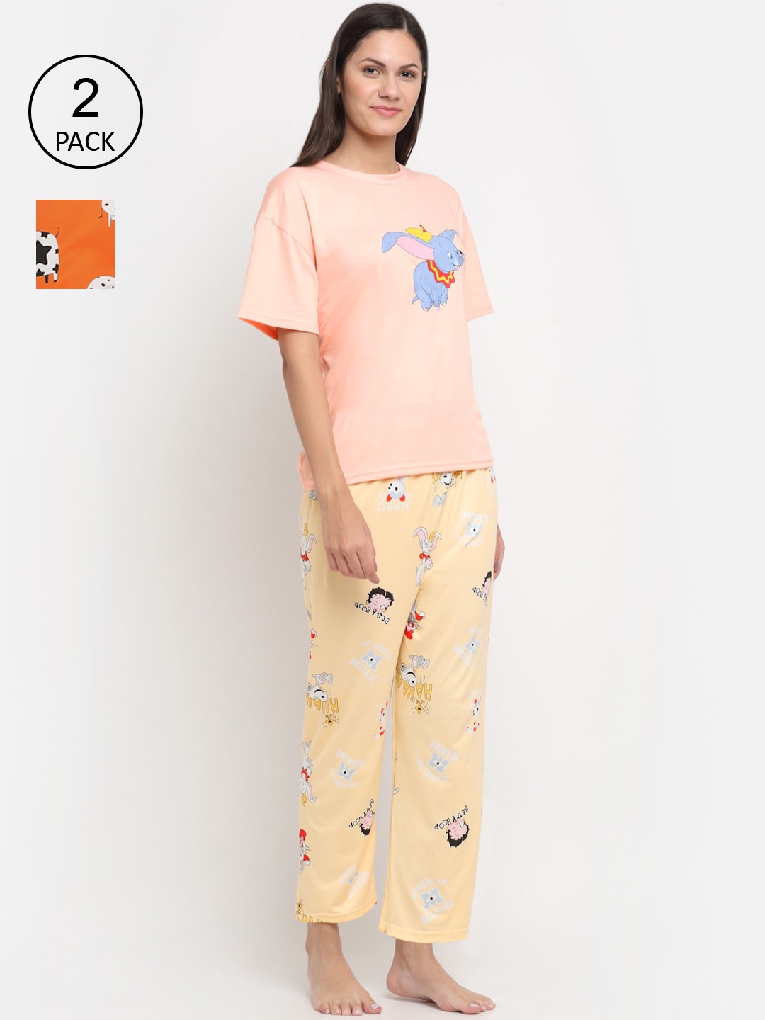 

KLOTTHE Women Pack of 2 Printed 3 Pc Night Suit, Peach