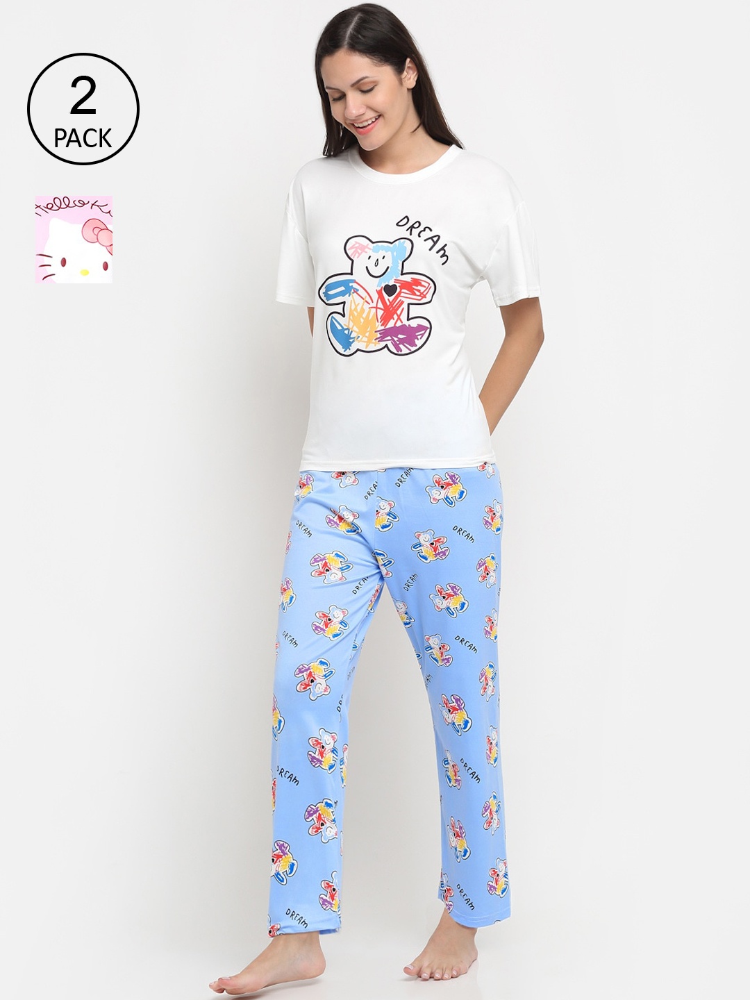 

KLOTTHE Women White & Pink Set Of 2 Printed 3 Piece Night Suit