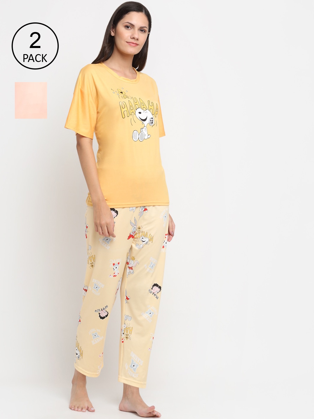 

KLOTTHE Women Set Of 2 Yellow & Pink Printed 3 Piece Night Suit