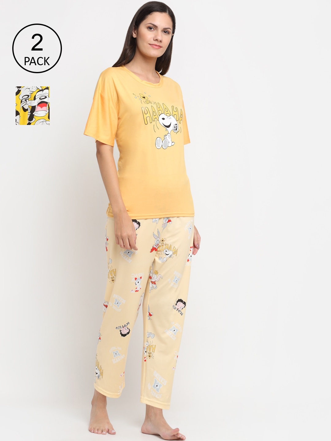 

KLOTTHE Women Pack of 2 Multicoloured Cartoon Printed Cotton Blend 3 Piece Night Suit, Multi