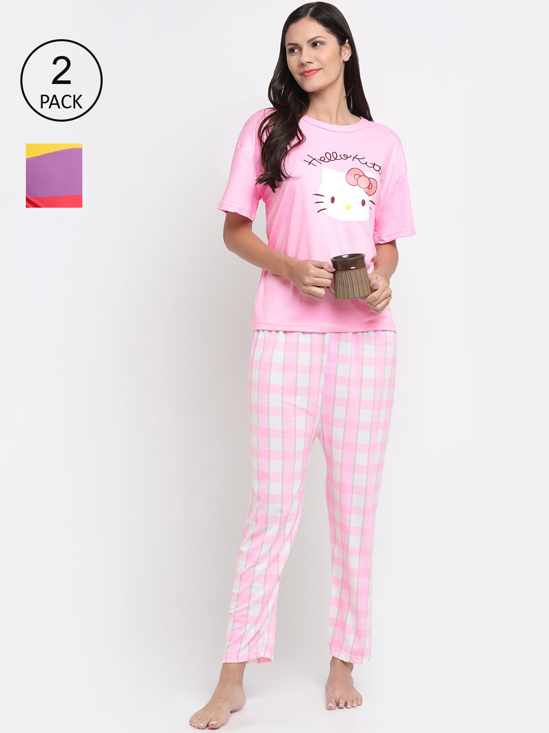 

KLOTTHE Women Blue & Pink Set Of 2 Cartoon Characters Printed 3 Piece Night Suit