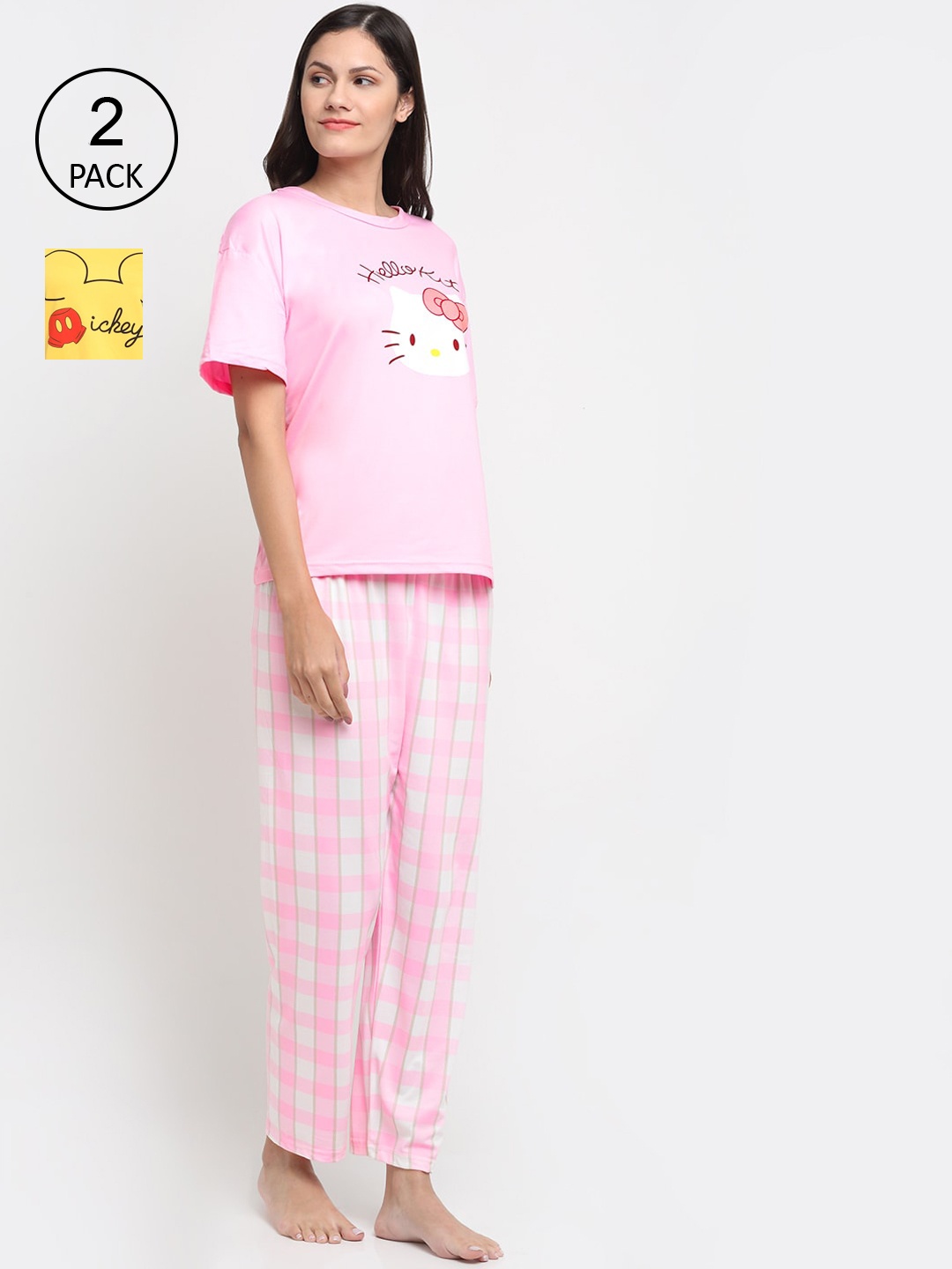 

KLOTTHE Pack of 2 Women Pink & Yellow Printed 3 Piece Night suit