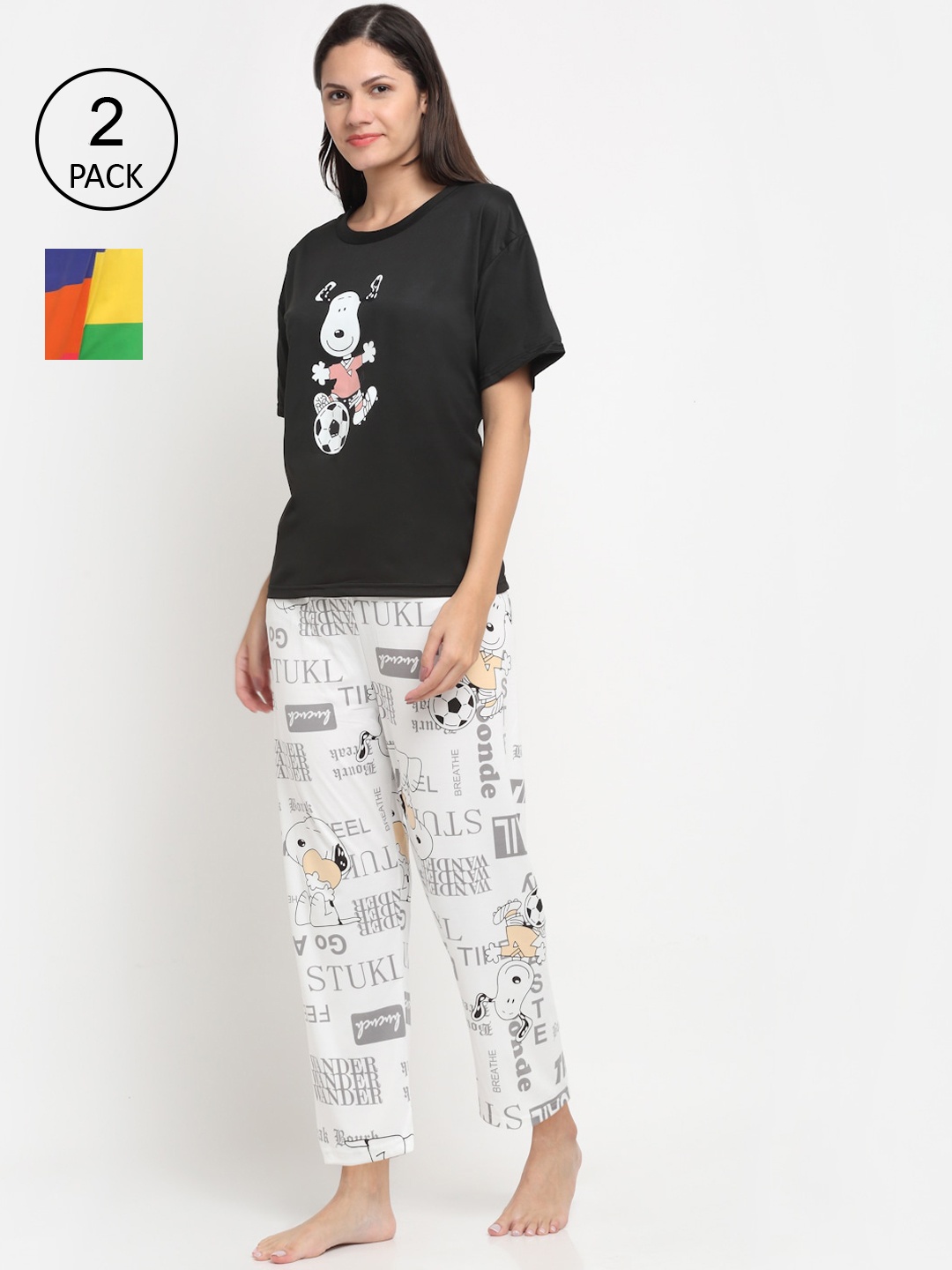 

KLOTTHE Women Pack of 2 Printed 3 Pc Night Suit, Black
