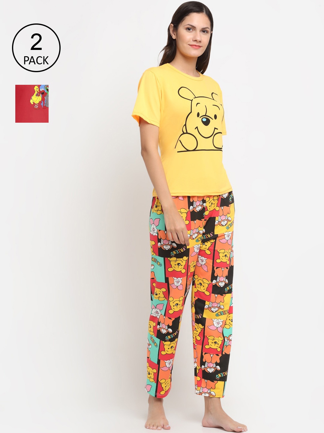 

KLOTTHE Women Pack of 2 Red & Yellow Printed 3 Pc Night suit