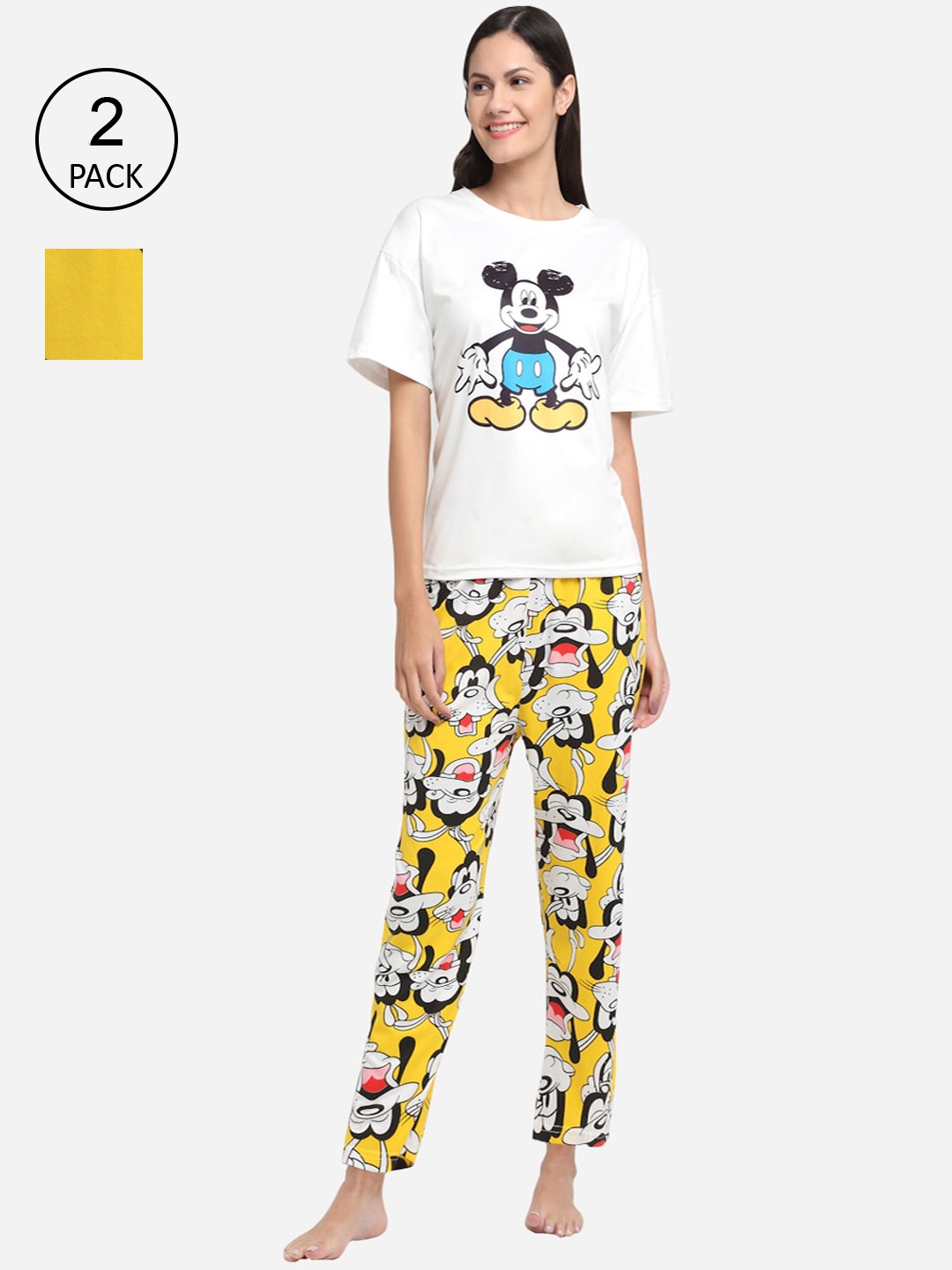 

KLOTTHE Women Multicoloured Set of 2 Cartoon Printed Cotton Blend 3 Piece Night suit, Multi