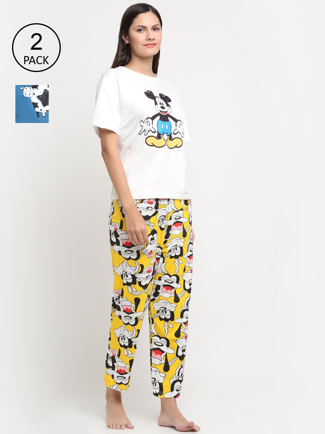 

KLOTTHE Women Set Of 2 White & Yellow Printed 3 Piece Night Suit