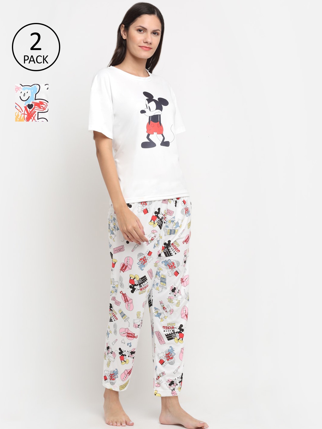 

KLOTTHE Women Multicoloured Set of 2 Cartoon Printed Cotton Blend 3 Piece Night suit, Multi