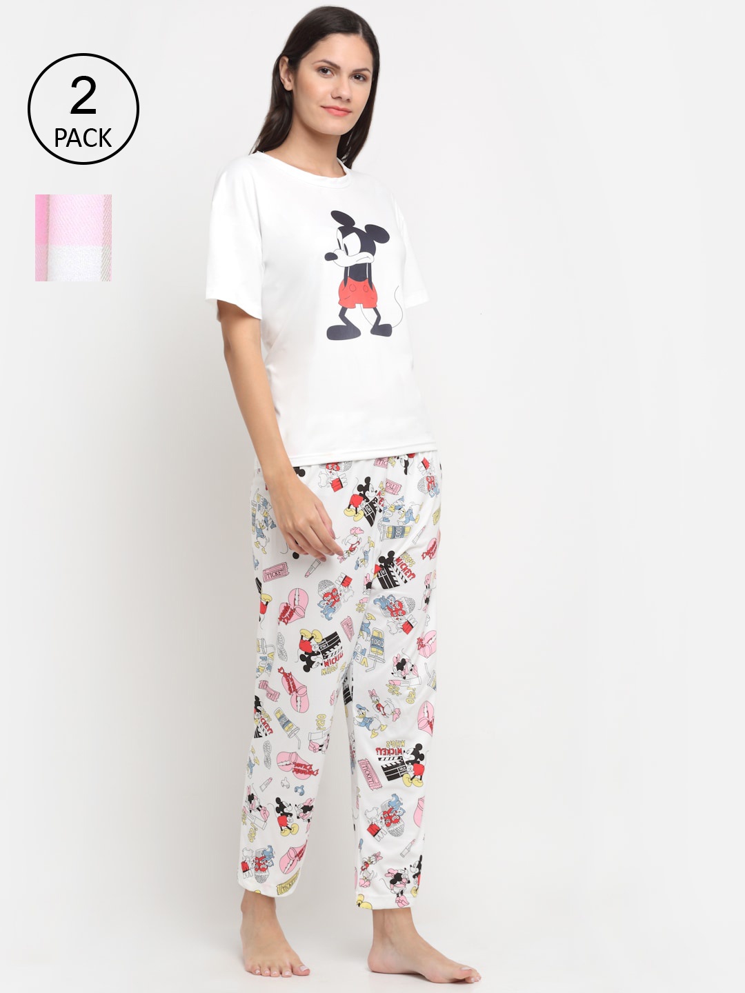 

KLOTTHE Women Pack of 2 White & Pink Printed 3 Piece Night suit