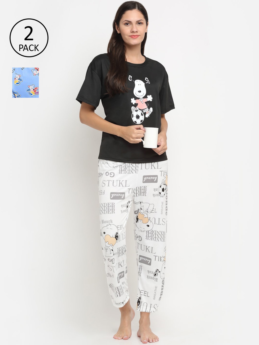 

KLOTTHE Women Set Of 2 White & Black Printed 3 Piece Night Suit