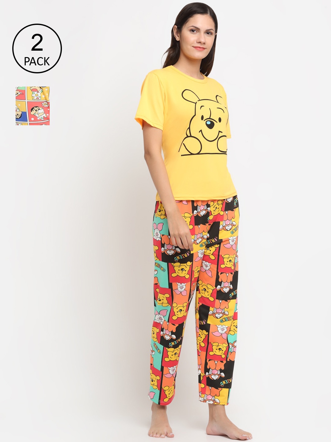 

KLOTTHE Women Pack of 2 Printed 3 Piece Night Suit, Yellow
