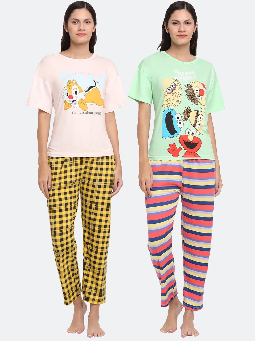 

KLOTTHE Women Set Of 2 Pink & Green Cartoon Characters Printed Night Suit