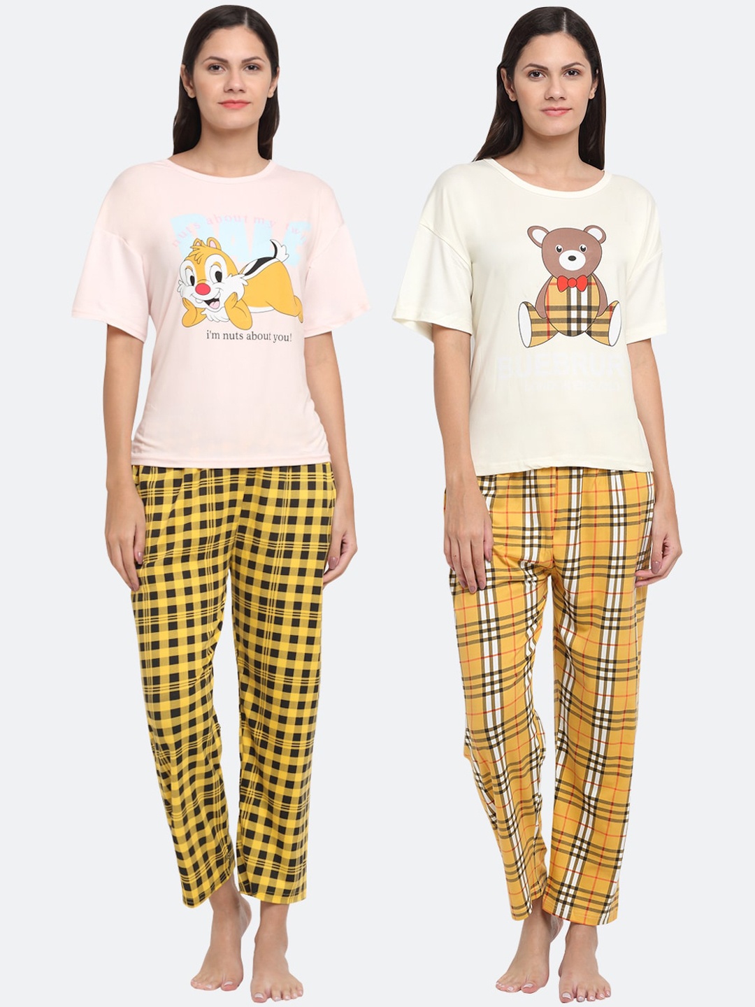 

KLOTTHE Women Pack of 2 Yellow & White Printed Night suits