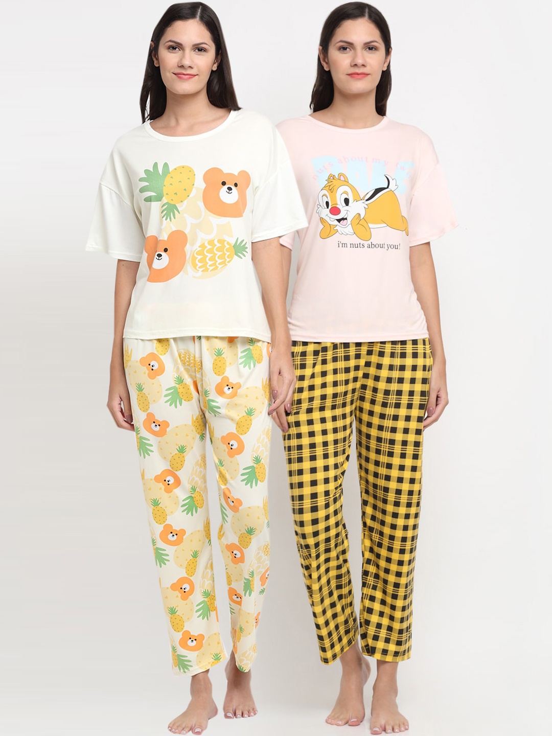 

KLOTTHE Women Set Of 2 Yellow & White Printed Night suit