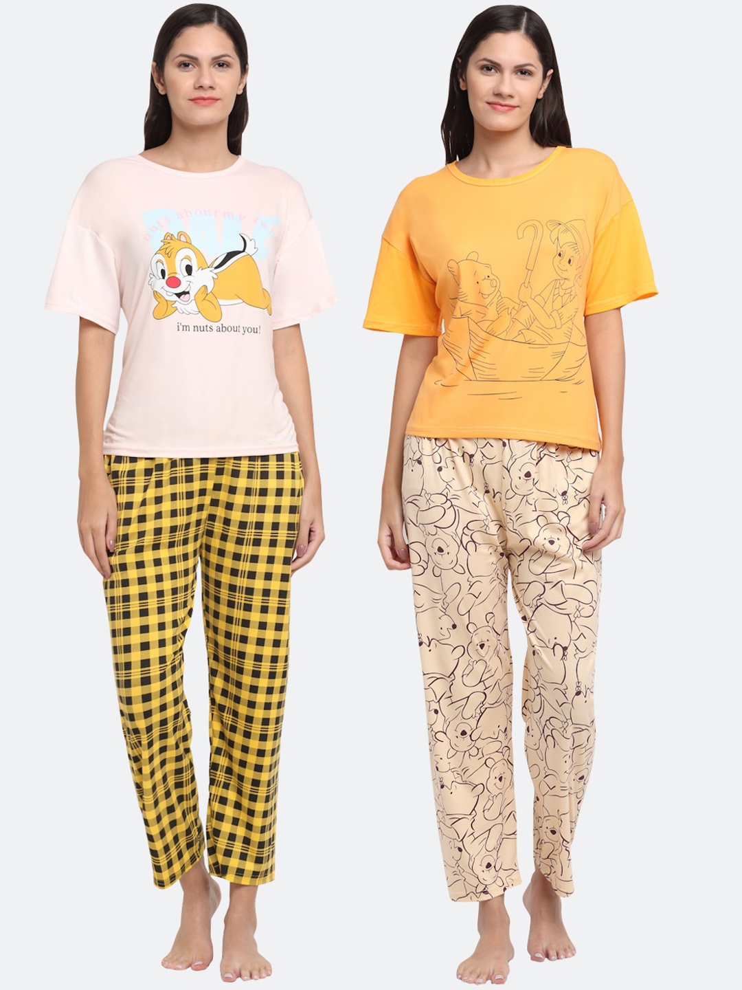 

KLOTTHE Women Set Of 2 Peach & Mustard Cartoon Characters Printed Night Suit