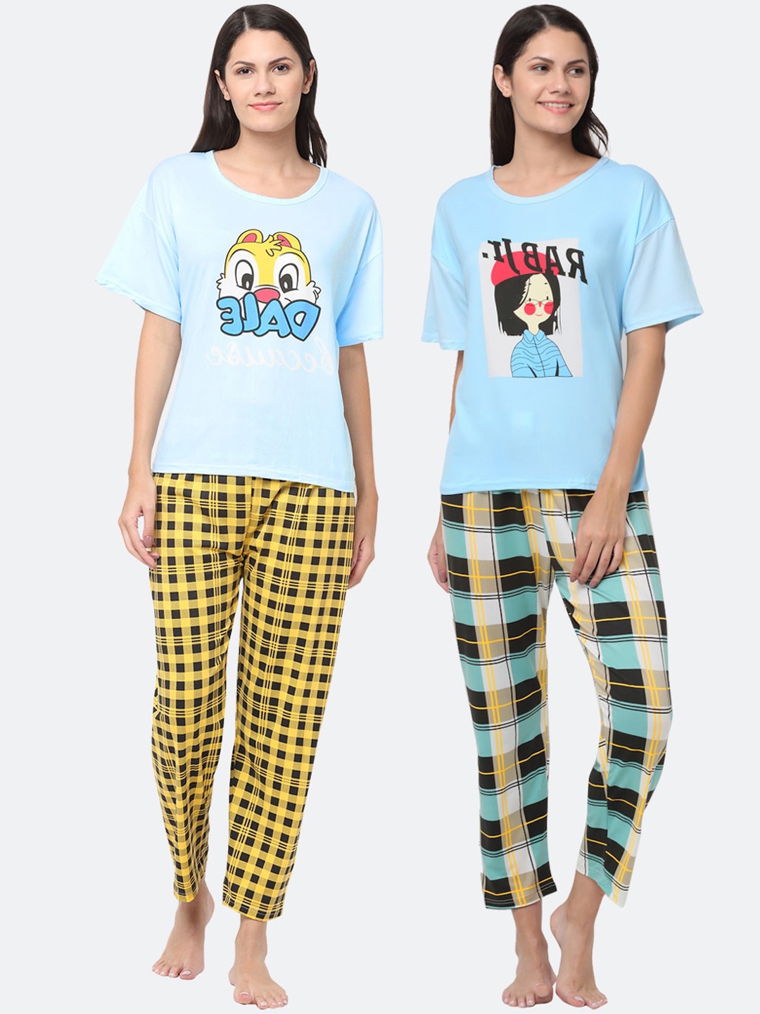 

KLOTTHE Women Blue & Yellow Printed Night suit Pack Of 2