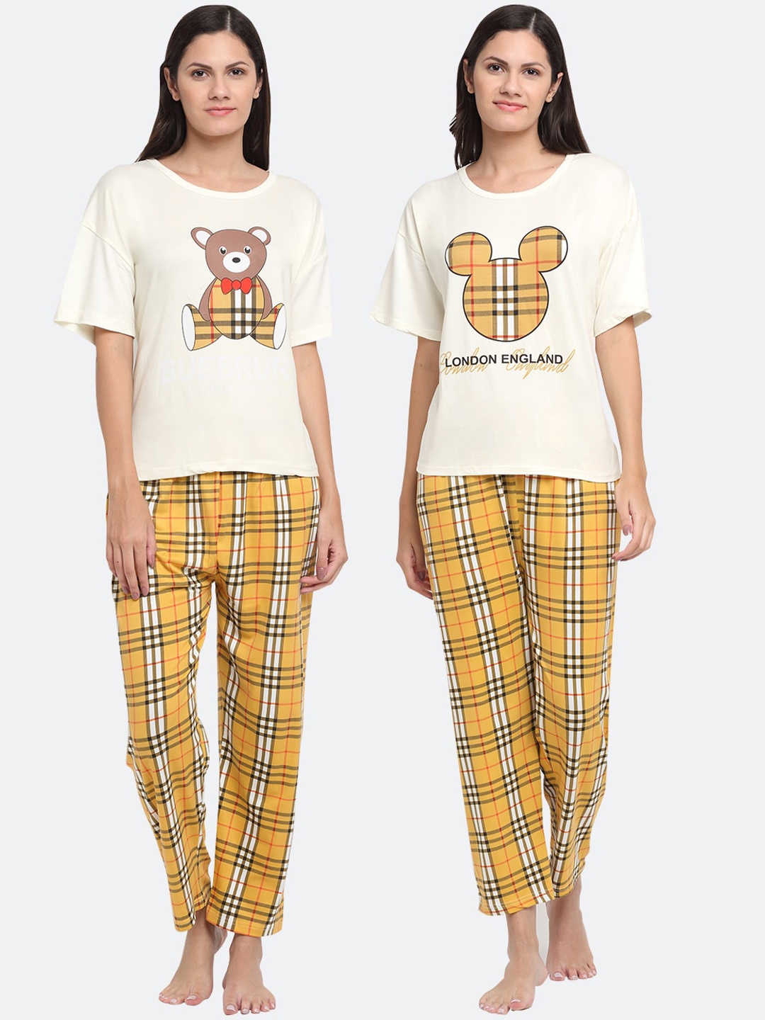 

KLOTTHE Women Pack of 2 Printed Night Suit, Cream