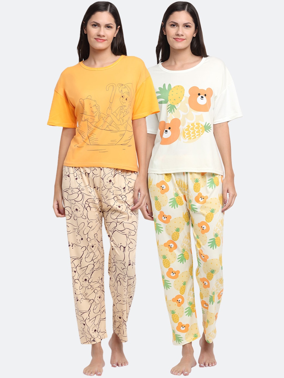 

KLOTTHE Women Pack Of 2 Off White & Mustard Printed Night suit